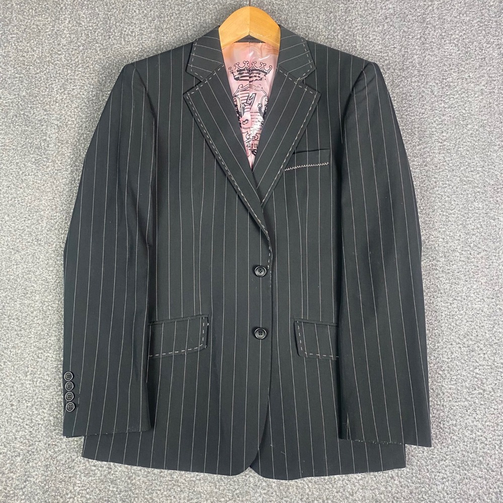 7 Diamonds Mens Blazer S Black Pinstripe Clapton Pink Lining Contrast Stitch